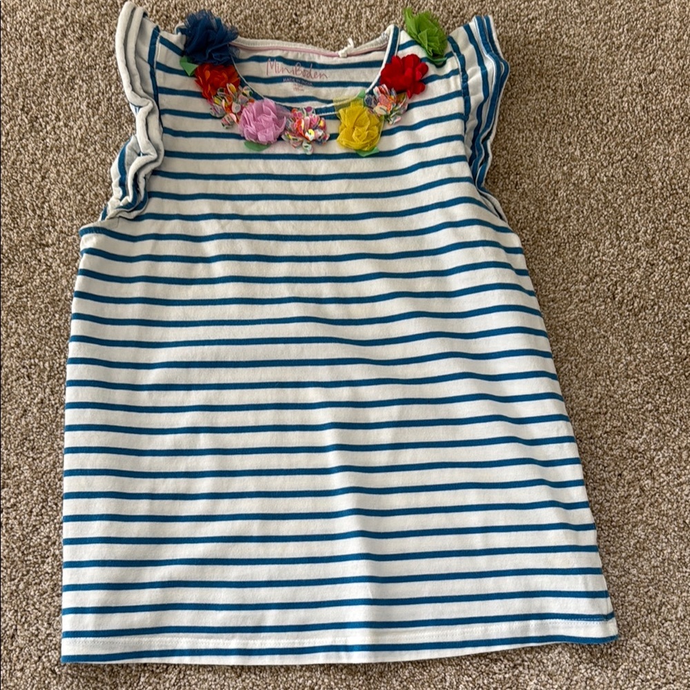 Blue & White Striped Floral-Accent Sleeveless Top - Kids